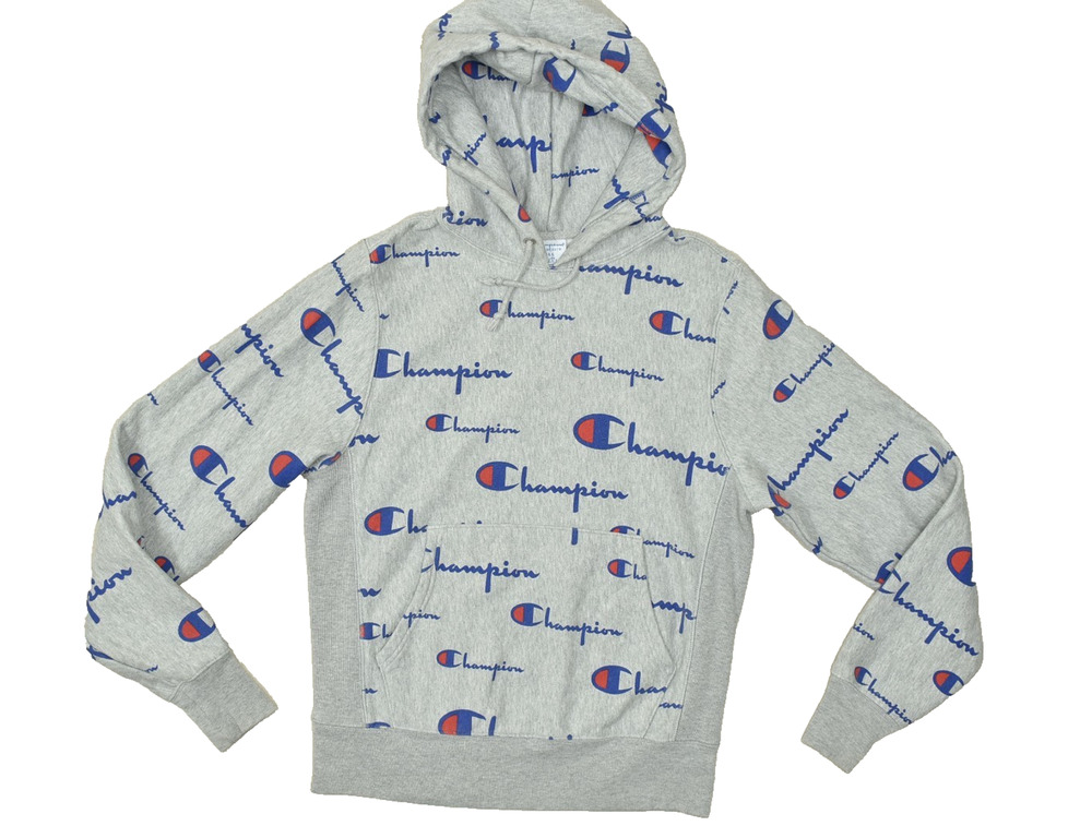 Champion Reverse Weave All Over Logo Pullover Hoodie Gray Men's Small Cotton